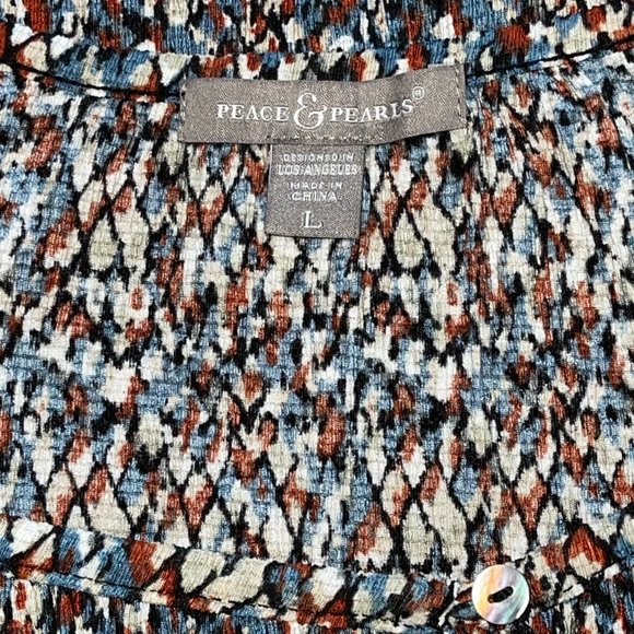 Women's Peace & Pearls Abstract Print Peasant Top with Buttons L - Picture 5 of 6